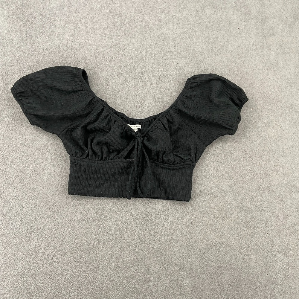 American Eagle‎ Outfitters Cropped Blouse Womens XS Black Tie Front Off Shoulder